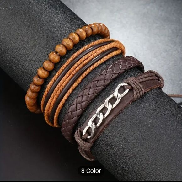 4 men's bracelets leather layered braided brown new e19 - Picture 1 of 2